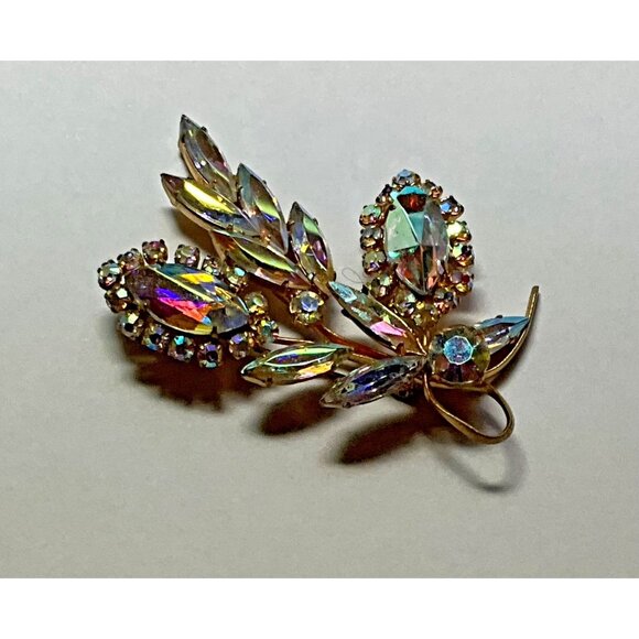 AB Aurora Borealis Brooch Pin Gold Tone Floral Spray Mid Century Modern - Picture 1 of 5